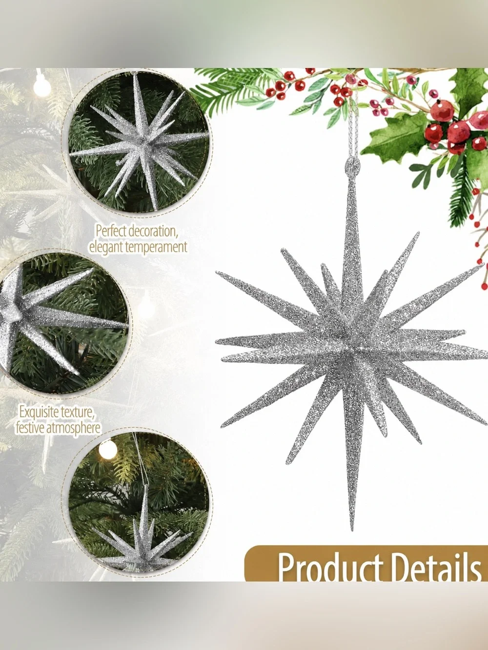 Glitter Silver Starburst Holiday Ornaments - 8 Piece NEW IN BOX     🎄🩶🎄6”